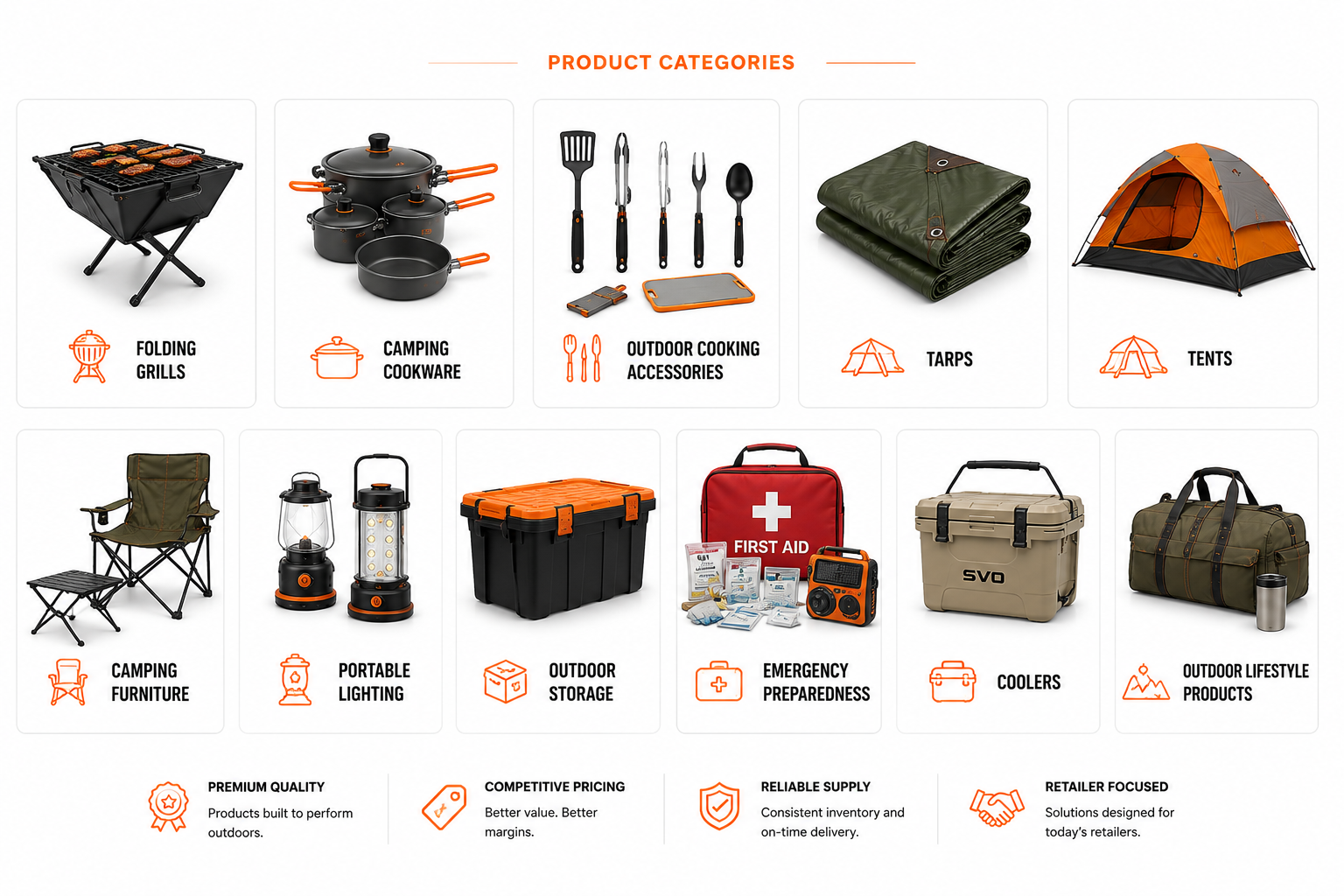 Camping and outdoor product categories sourced by SVO Imports