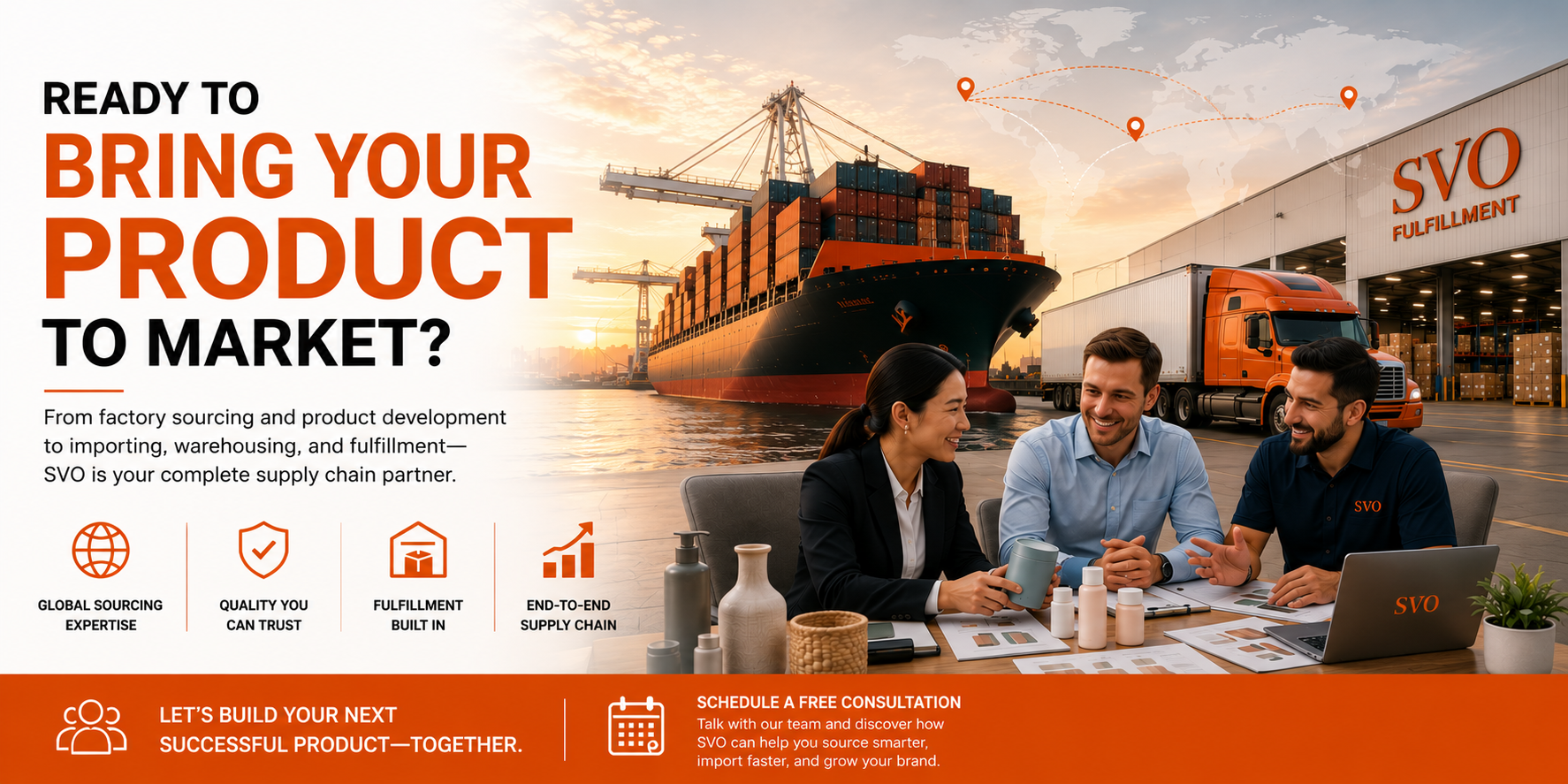 SVO supply chain team helping brands bring products to market through sourcing, importing, warehousing, and fulfillment services.