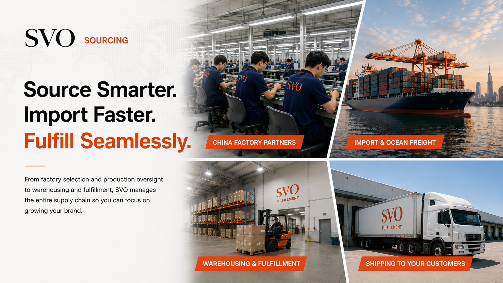 SVO Sourcing product sourcing services connecting China factories, importing, warehousing and fulfillment operations.