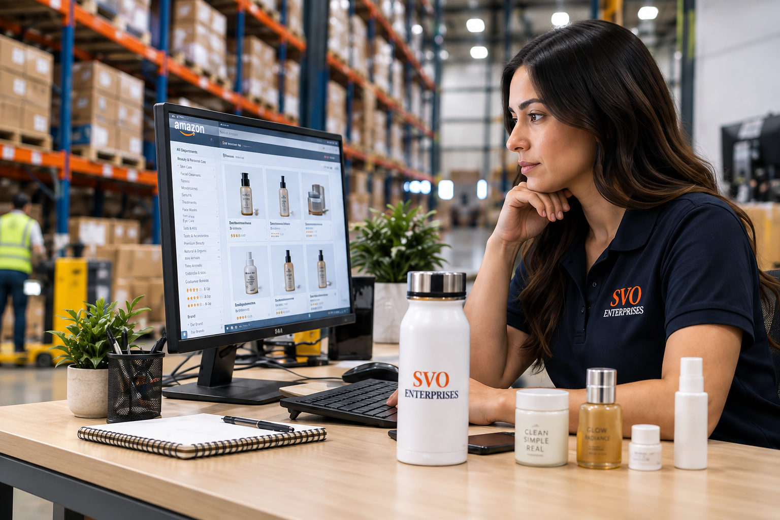 Marketplace account management concept showing a specialist reviewing product listings beside warehouse inventory.