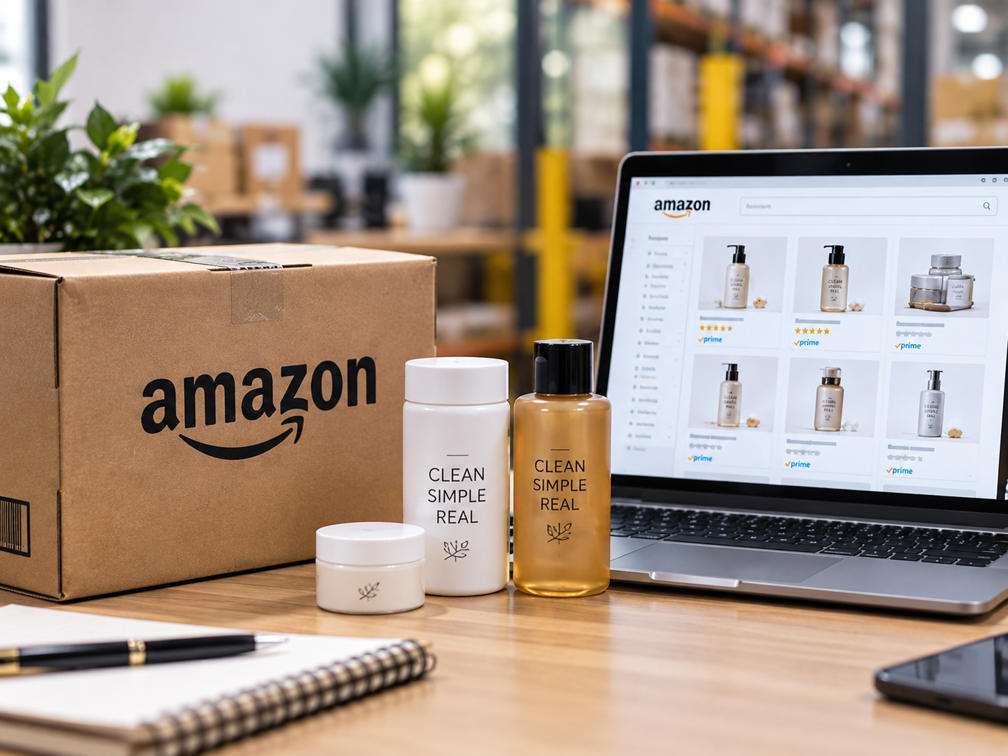 Amazon marketplace concept showing a product catalog on a laptop beside skincare products and a shipping box.
