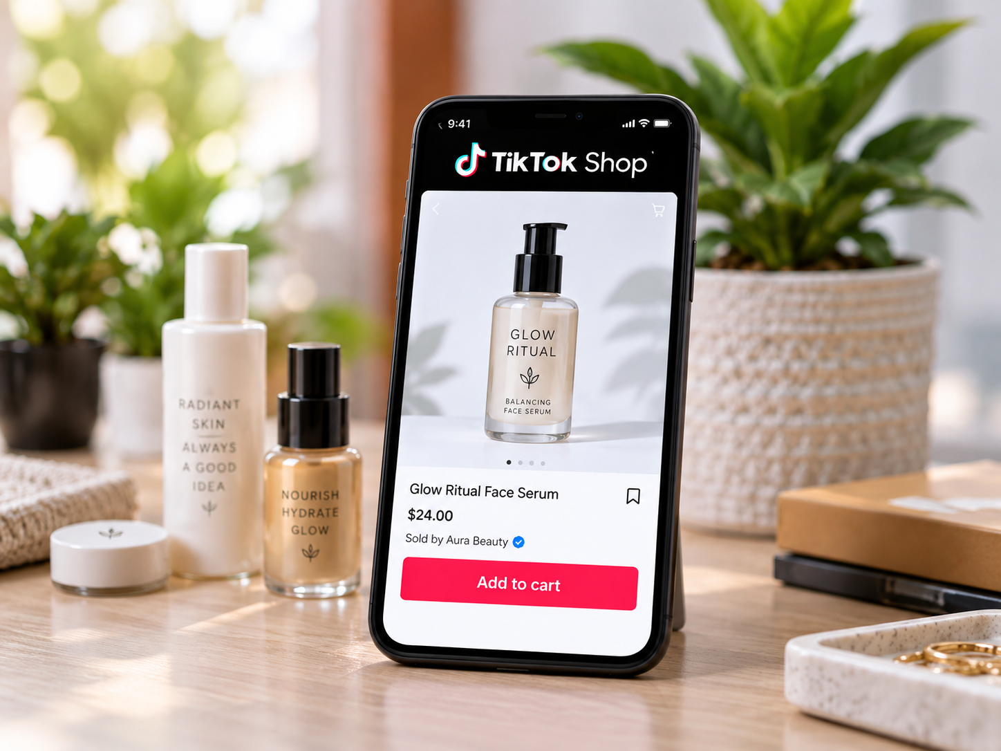 TikTok Shop product listing displayed on a smartphone beside skincare products.