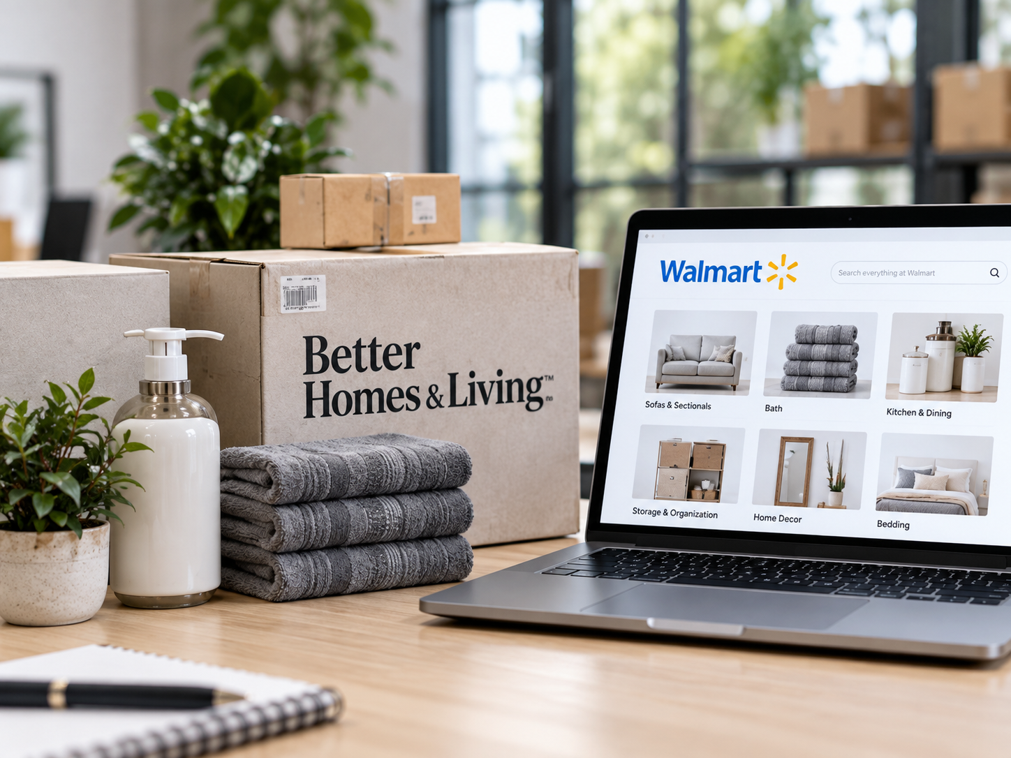 Walmart Marketplace product catalog displayed on a laptop beside home goods and packaged inventory.