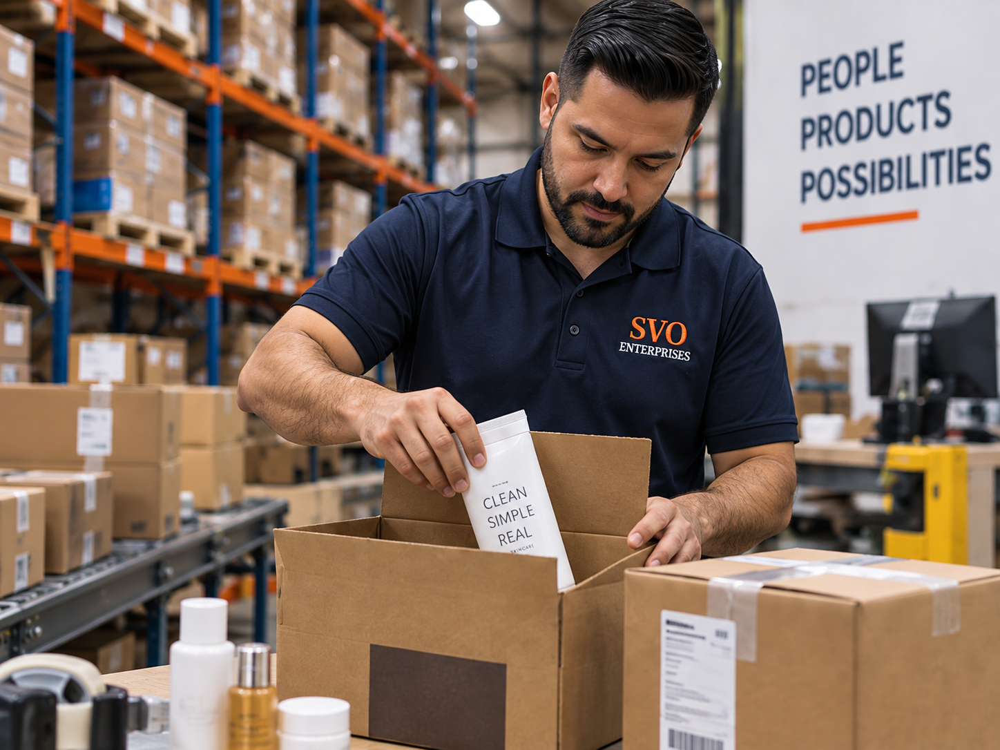 Fulfillment concept showing a worker packing skincare products into a shipping carton.